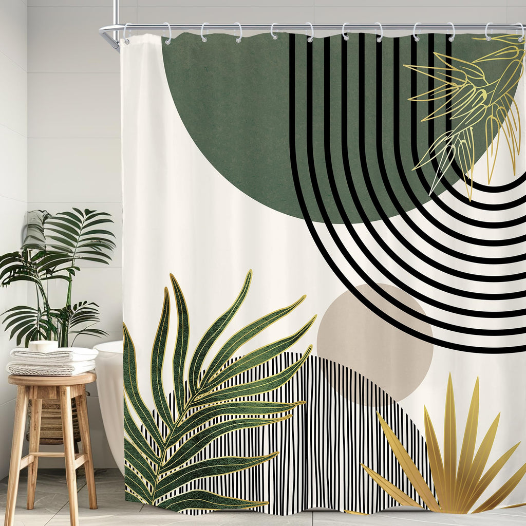 KOMLLEX Mid Century Green Boho Shower Curtain, Abstract Modern Shower Curtains for Bathroom, Plant Botanical Minimalist Leaf Arch Sun Fabric Liner Waterproof Polyester 12 Pack Hooks 60Wx72L Inches