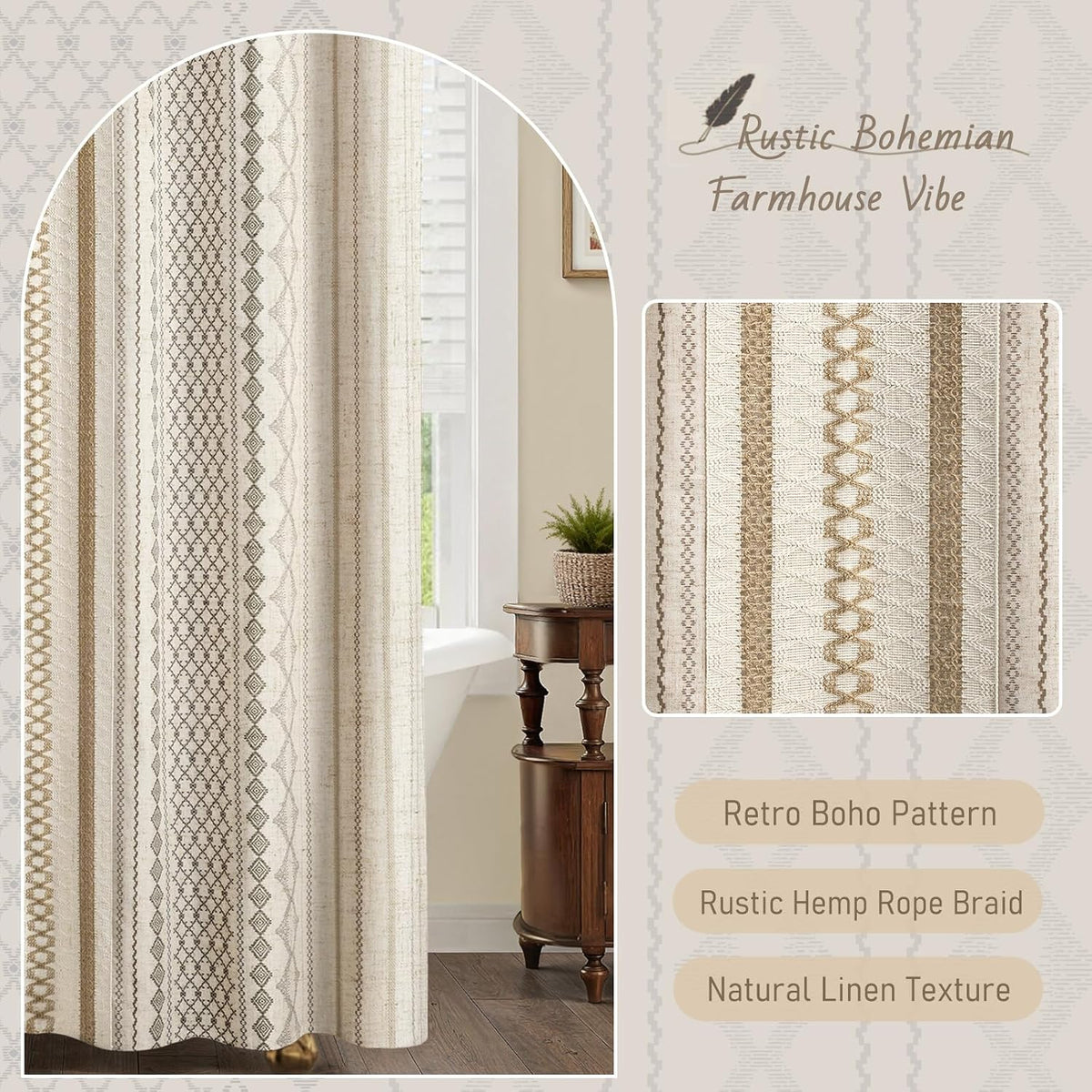 Natural Linen Boho Shower Curtain,72" W x 72" L
