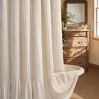 Farmhouse Shower Curtain Ruffle Linen Cream-Brown Stripe 72"W x 84"L