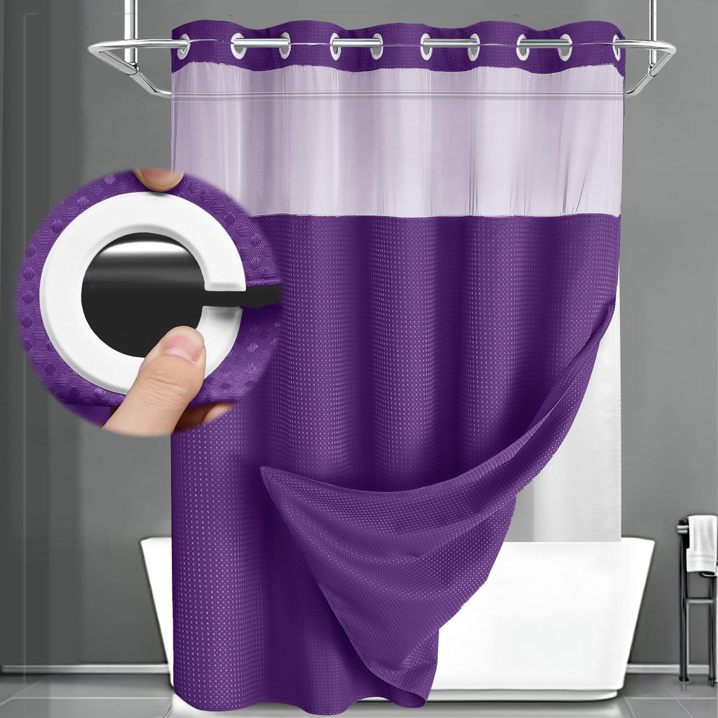 No Hook Shower Curtain with Liner Set Hotel Waffle Curtain White 72W X 75L