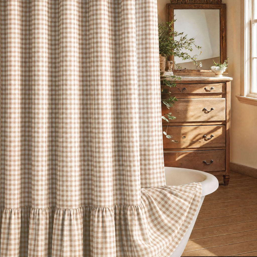 Farmhouse Shower Curtain Ruffle Linen Cream-Green Stripe 72"W x 72"L