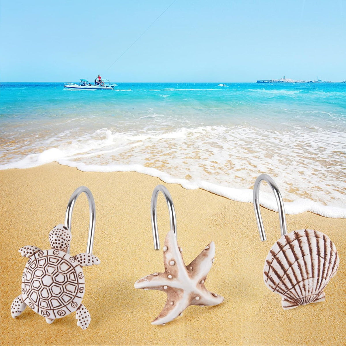 Decorative Shower Curtain Hooks,12Pcs Seashell Turtles Shower Curtain Rings