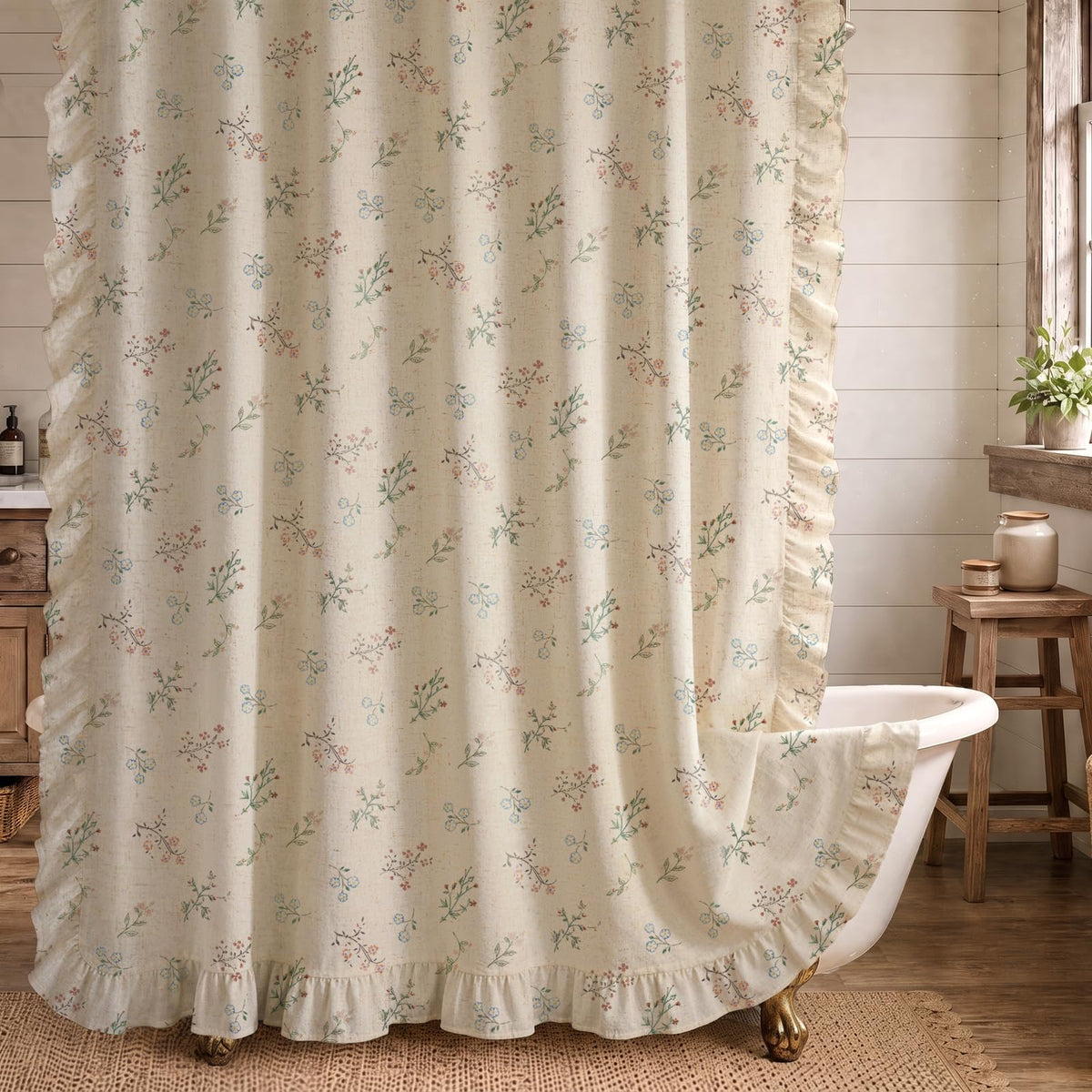Floral Farmhouse Vintage Linen Shower Curtain French Country Decor 72Wx72H