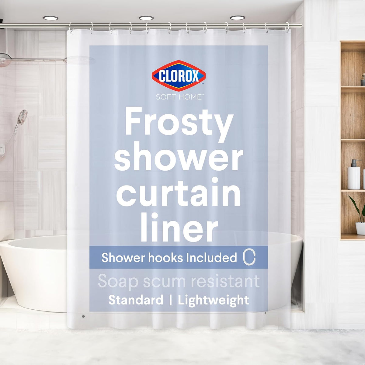 Clorox Shower Curtain Liner & Hooks, Premium Lightweight Flexible Waterproof 4g PEVA for Bathroom with Weighted Magnets, Standard Size 70" x 72", Frosty 1 Pack