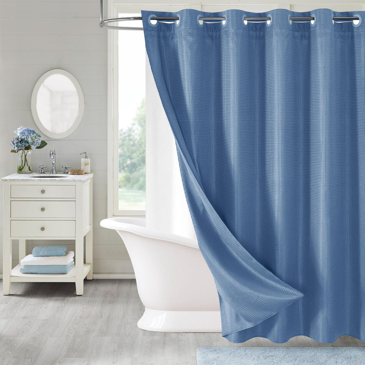 No Hook Weave Fabric Shower Curtain with Snap-in Liner White,72x74