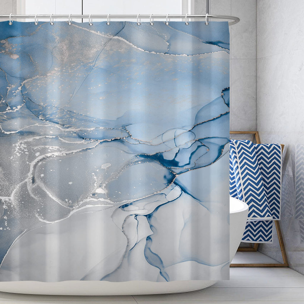AWERT Blue Marble Shower Curtain - Waterproof for Bathroom Decor, Printed Washable With Hooks, 72x72 Inch