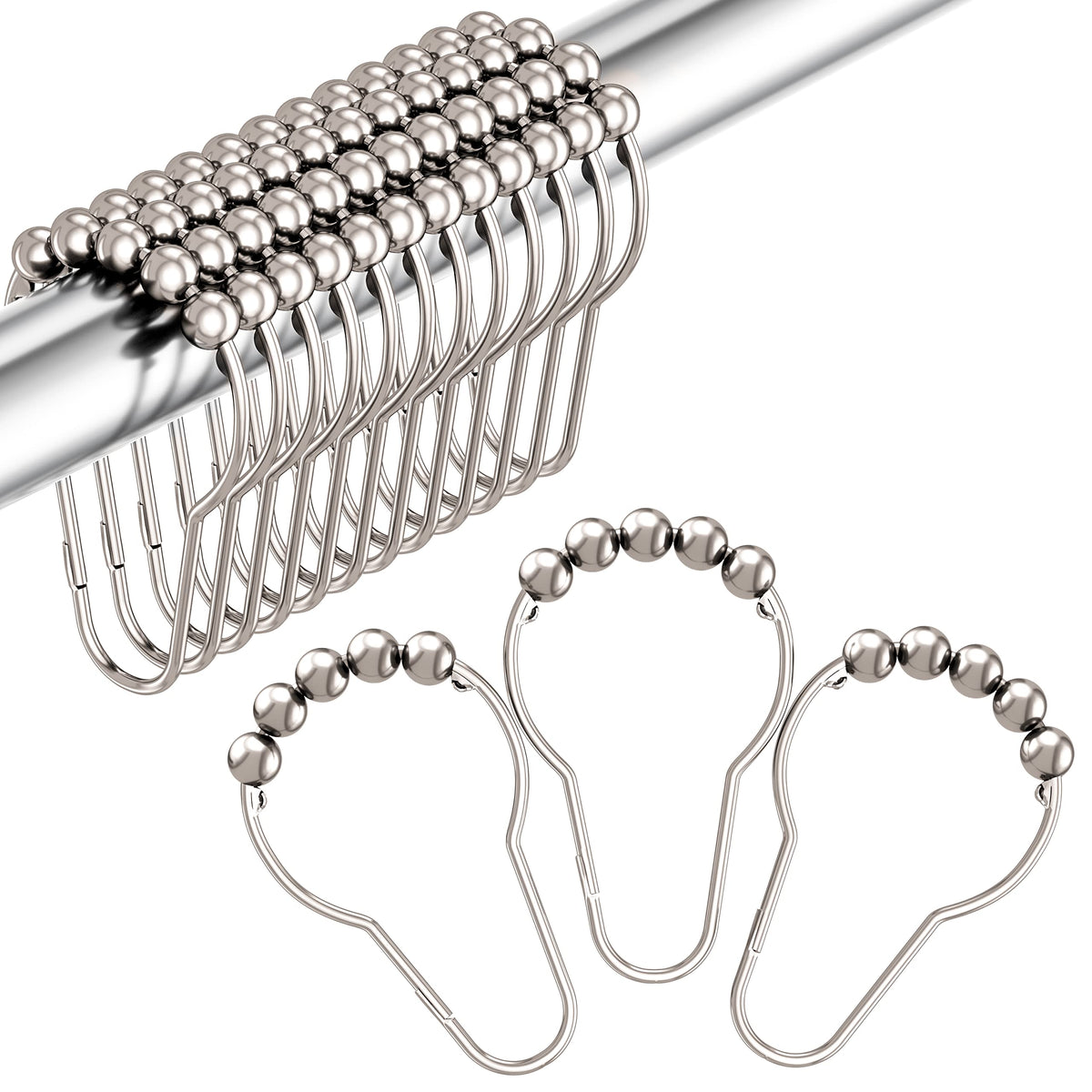 Amazer Shower Curtain Hooks Rings, Rust-Resistant Stainless Steel Double Shower Curtain Hooks, Shower Hooks for Shower Curtain and Liner Bathroom, Set of 12, Chrome