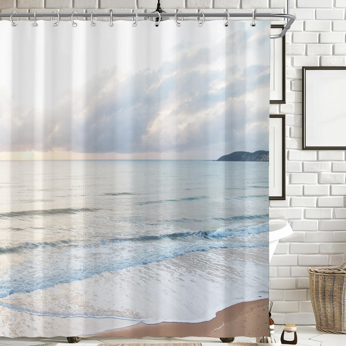 Ocean Beach Coastal Nautical Summer Sunset Shower Curtain for Bathroom 72W*72H Inch Seaside Seacoast Beachy Waves Bathtub Decor Seascape Neutral Cool Waterproof Polyester Fabric Set with 12 Hooks