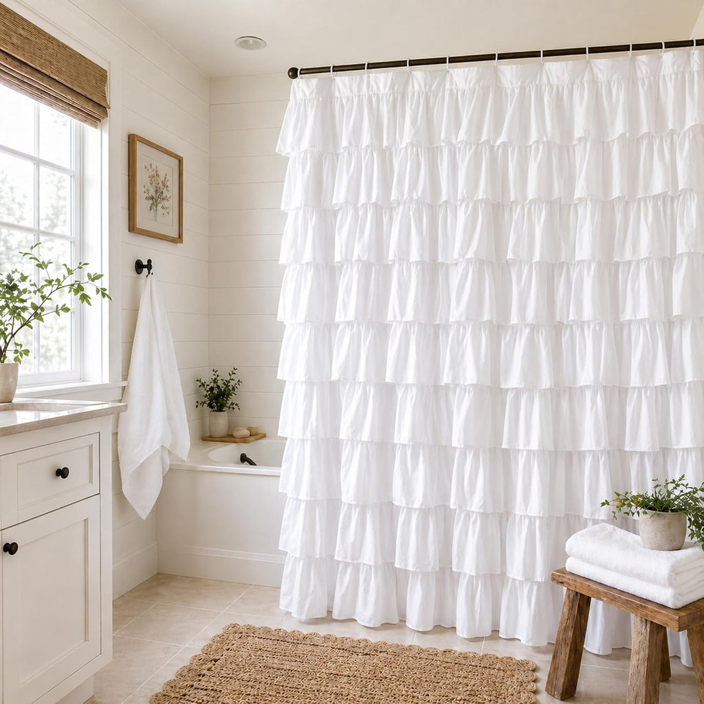 White Ruffle Shower Curtain for Bathroom,72 x 72 Inches, Farmhouse Style