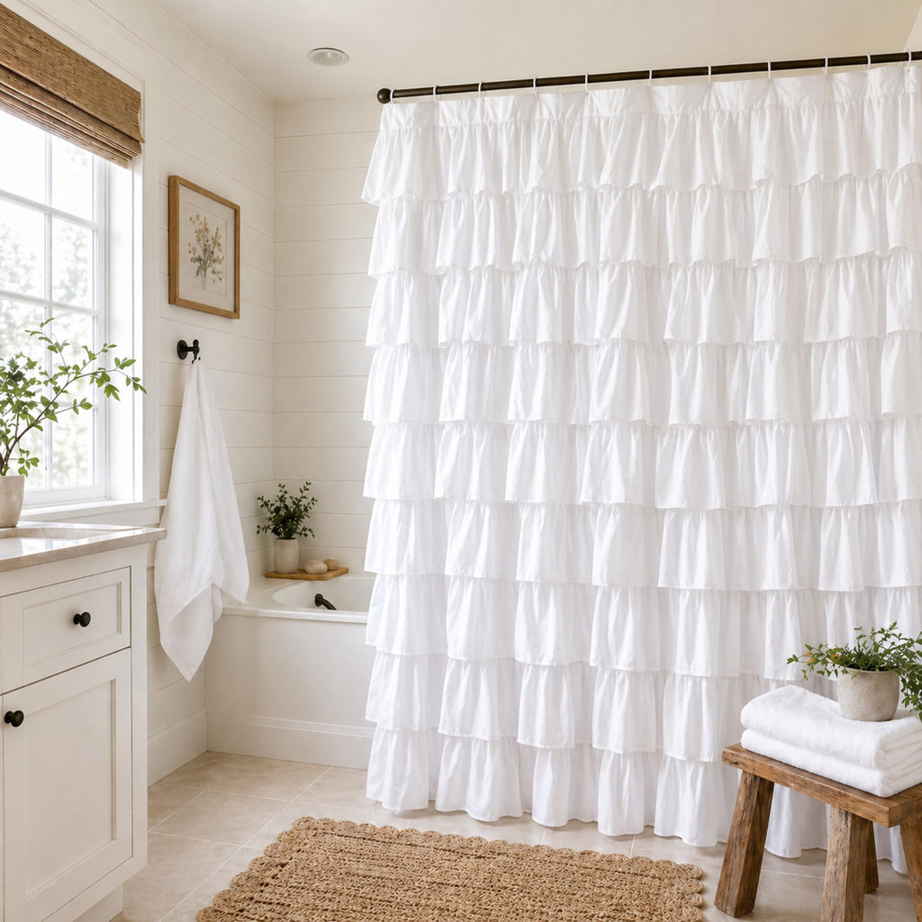White Ruffle Shower Curtain for Bathroom,72 x 72 Inches, Farmhouse Style