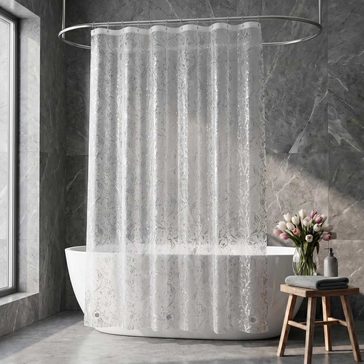 EurCross EVA Clear Shower Curtain 72x72 inches with 3 Stronger Magnetic Magnets, Flexibility PVC-Free 155g/m2 Heavy Duty Clear Design Shower Curtain Liner with Geometric 3D Pattern and Hooks