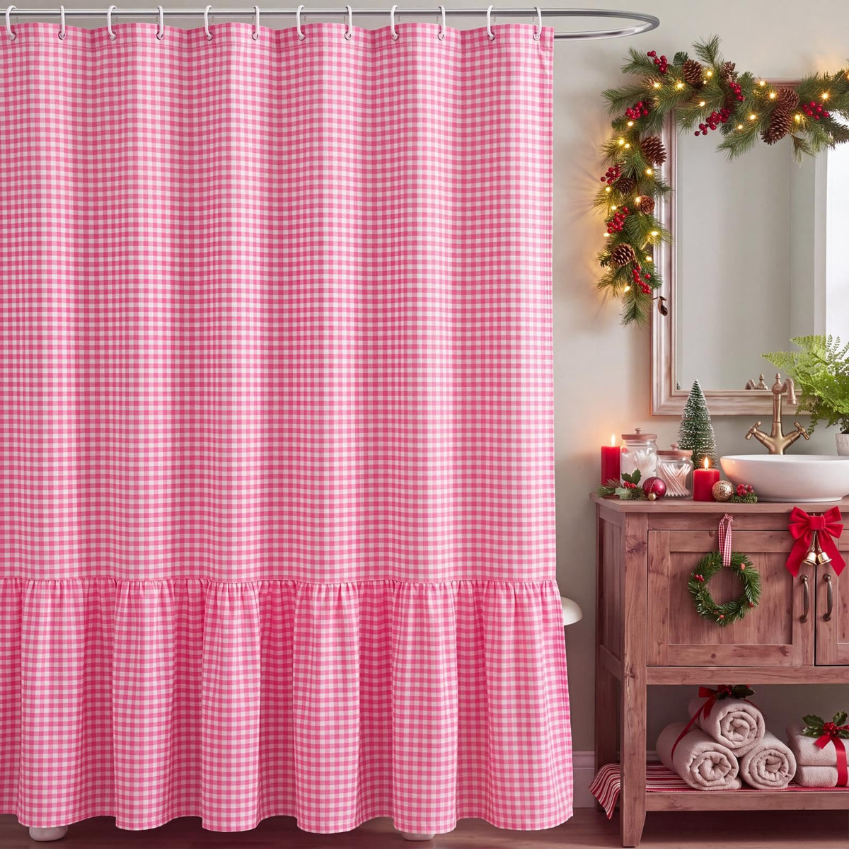 HunnmingRe Ruffle Hem Gingham Shower Curtain Taupe