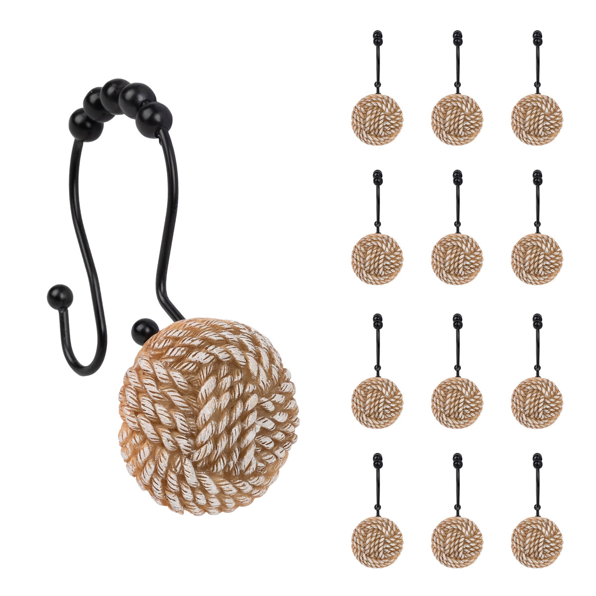 Sunlit Boho Knots Shower Curtain Hooks, Home Decorative Shower Curtain Rings for Bathroom, Seaside Nautical Shower Curtain Hangers Bathroom Accessories, Set of 12