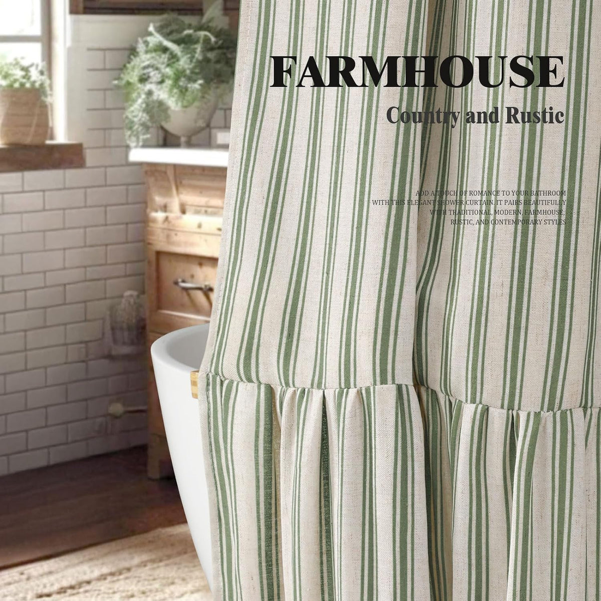 Farmhouse Shower Curtain Ruffle Linen Cream-Green Stripe 72"W x 72"L