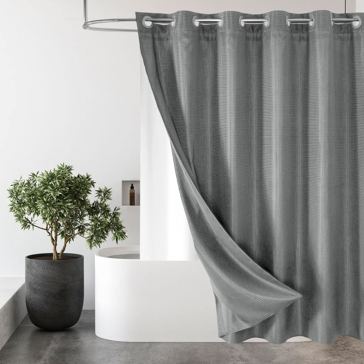 No Hook Weave Fabric Shower Curtain with Snap-in Liner White,72x74