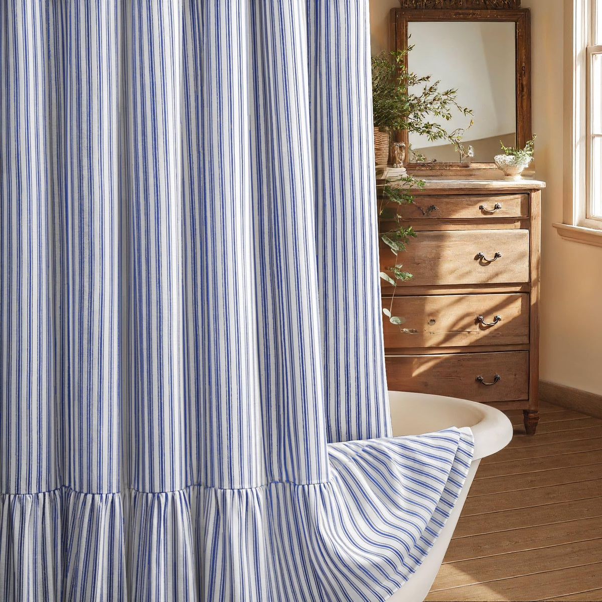 Farmhouse Shower Curtain Ruffle Linen Cream-Brown Stripe 72"W x 84"L