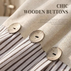 Farmhouse Shower Curtain Linen Beige Button Brown Stripe 72"W x 72"L
