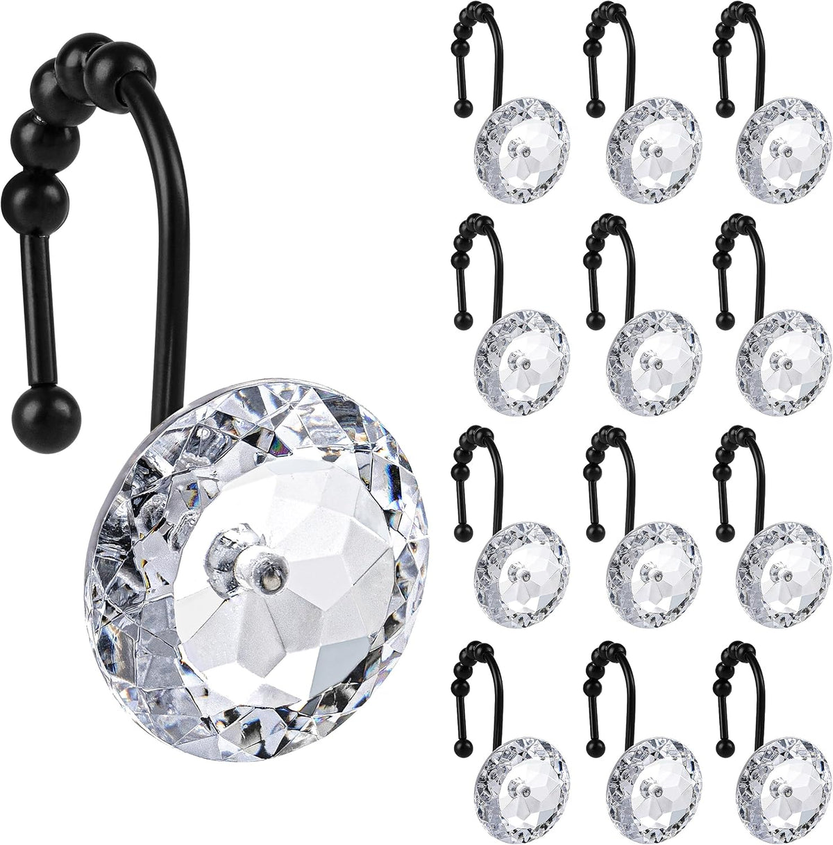 Sunlit Round Rhinestone Shower Curtain Hooks with Glide Balls, 12 Pack