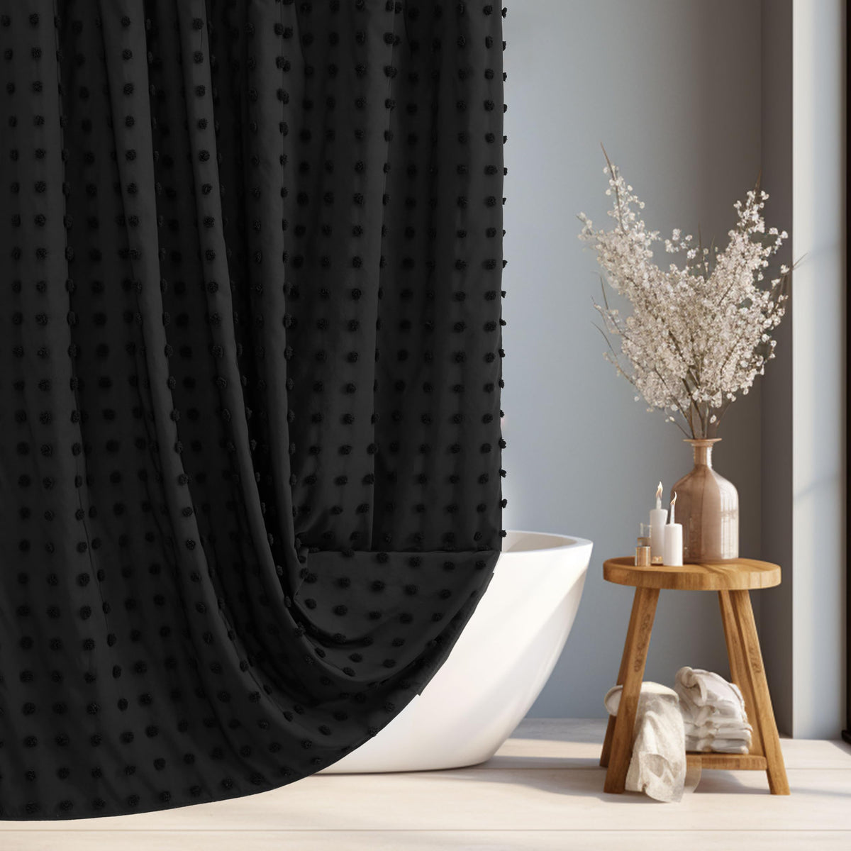 Extra Long Green Boho Shower Curtain Woven Fabric Cute 84 Inch Shower Curtain, 72 x 84 Tufted Pleat Floral Puffs Textured Modern Farmhouse Minimalist Shower Curtain Set with Hooks for Bathroom