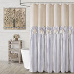 Farmhouse Shower Curtain Linen Beige Button Brown Stripe 72"W x 72"L