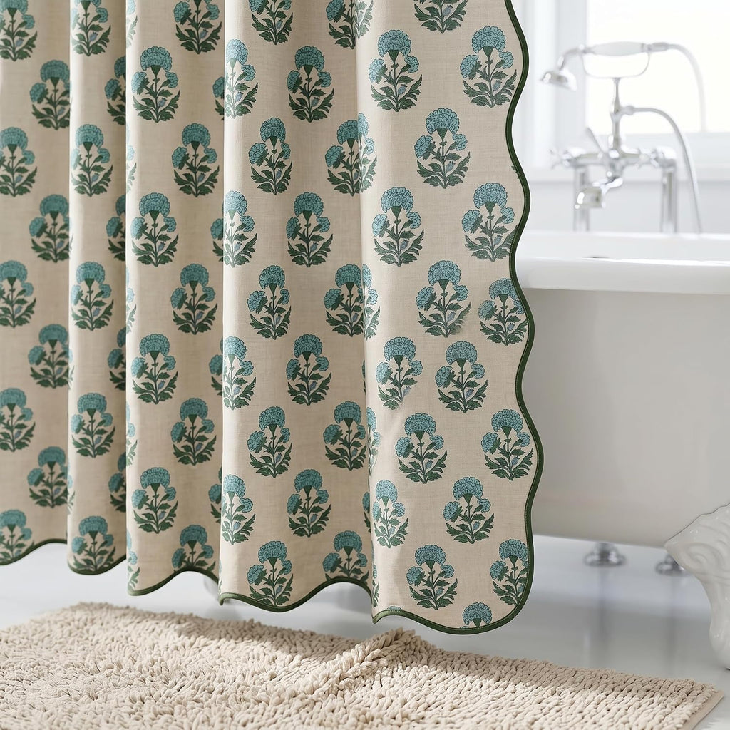 Boomkin Block Print Scalloped Shower Curtain Set with 12 Hooks