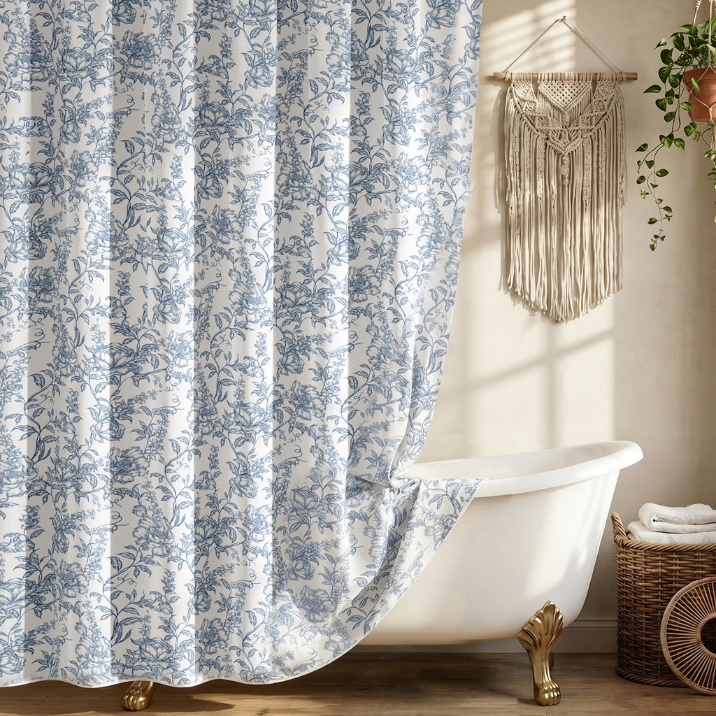 Farmhouse Sage Green Floral Shower Curtain with 12 Clear Rings 72"W x 72"L
