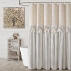 Farmhouse Shower Curtain Linen Beige Button Brown Stripe 72"W x 72"L