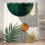 KOMLLEX Mid Century Green Boho Shower Curtain, Abstract Modern Shower Curtains for Bathroom, Plant Botanical Minimalist Leaf Arch Sun Fabric Liner Waterproof Polyester 12 Pack Hooks 60Wx72L Inches