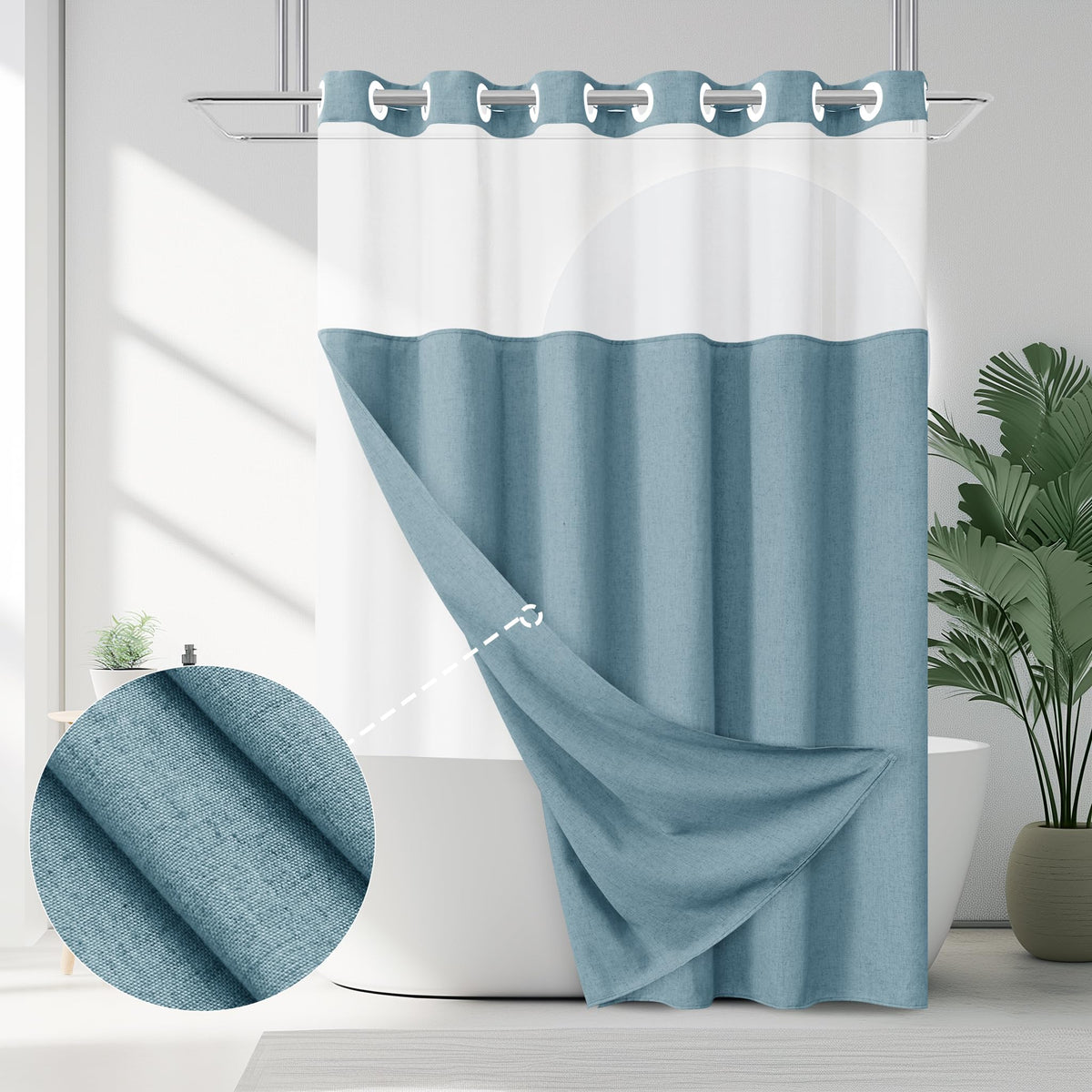 Jowels No Hooks Natural Linen Fabric Shower Curtains for Bathroom 72 Inches