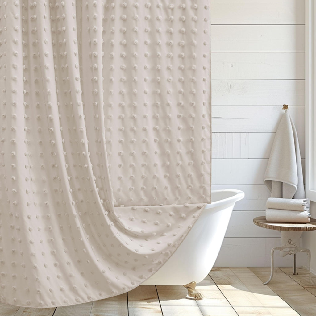 Extra Long Green Boho Shower Curtain Woven Fabric Cute 84 Inch Shower Curtain, 72 x 84 Tufted Pleat Floral Puffs Textured Modern Farmhouse Minimalist Shower Curtain Set with Hooks for Bathroom