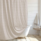 Extra Long Green Boho Shower Curtain Woven Fabric Cute 84 Inch Shower Curtain, 72 x 84 Tufted Pleat Floral Puffs Textured Modern Farmhouse Minimalist Shower Curtain Set with Hooks for Bathroom