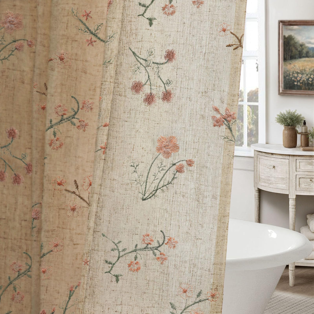 Floral Farmhouse Vintage Linen Shower Curtain French Country Decor 72Wx72H
