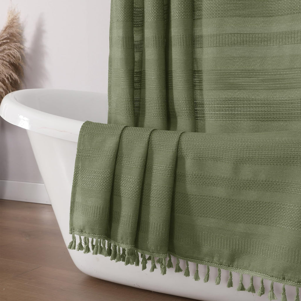 OVZME Natural Linen Shower Curtain for Bathroom, Boho Farmhouse Rustic Striped Shower Curtain with Tassel, Textured Heavy Duty Vintage Country Bathroom Curtain, 72Wx72L Inches