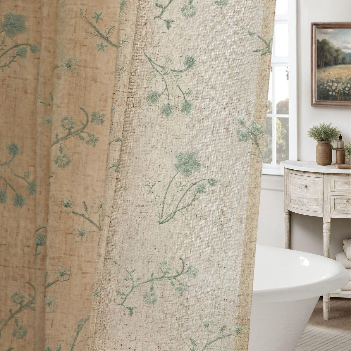 Floral Farmhouse Vintage Linen Shower Curtain French Country Decor 72Wx72H