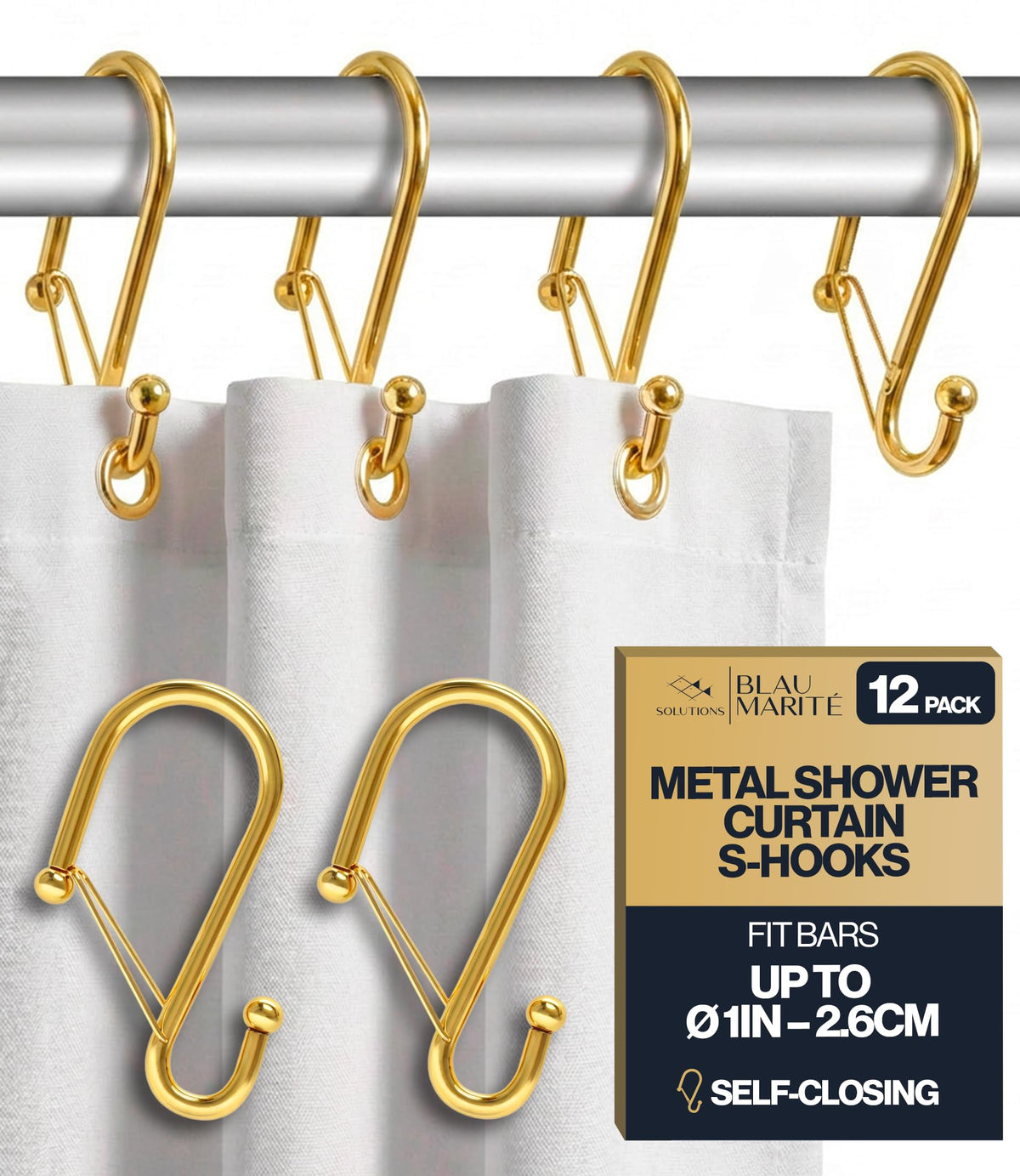 12 Metal Shower Curtain Hooks, Rust-Proof Decorative C-Shaped Curtain Hooks for Bathroom, Chrome Shower Curtain Rings, Fits Rods Up to 1 Inch (C, Silver)