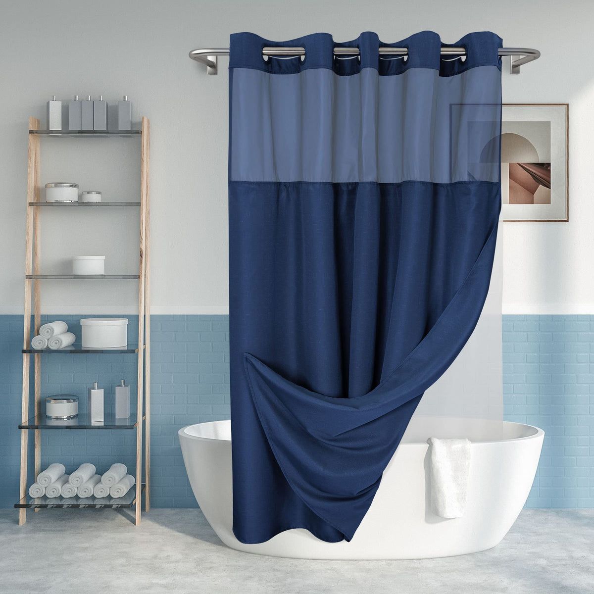 River Dream No Hook Shower Curtain with Snap-in Liner Set, White, 71x74