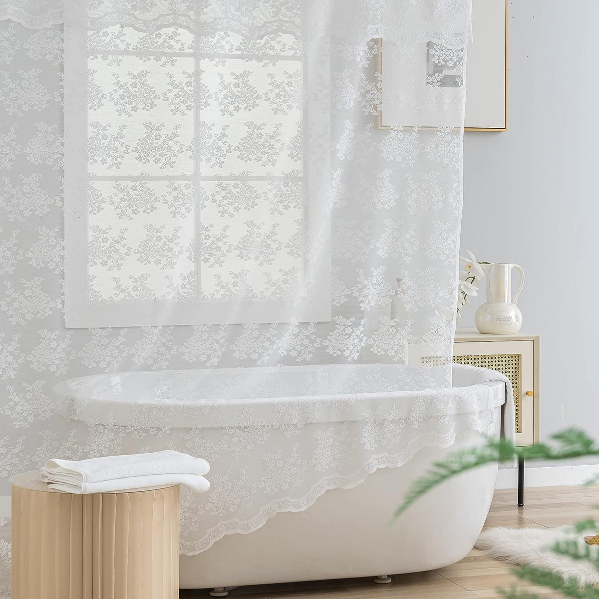 TUDECO Lace Brown Shower Curtain with Attached Valance, 72 x 72 Inch