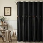Farmhouse Shower Curtain Linen Beige Button Brown Stripe 72"W x 72"L