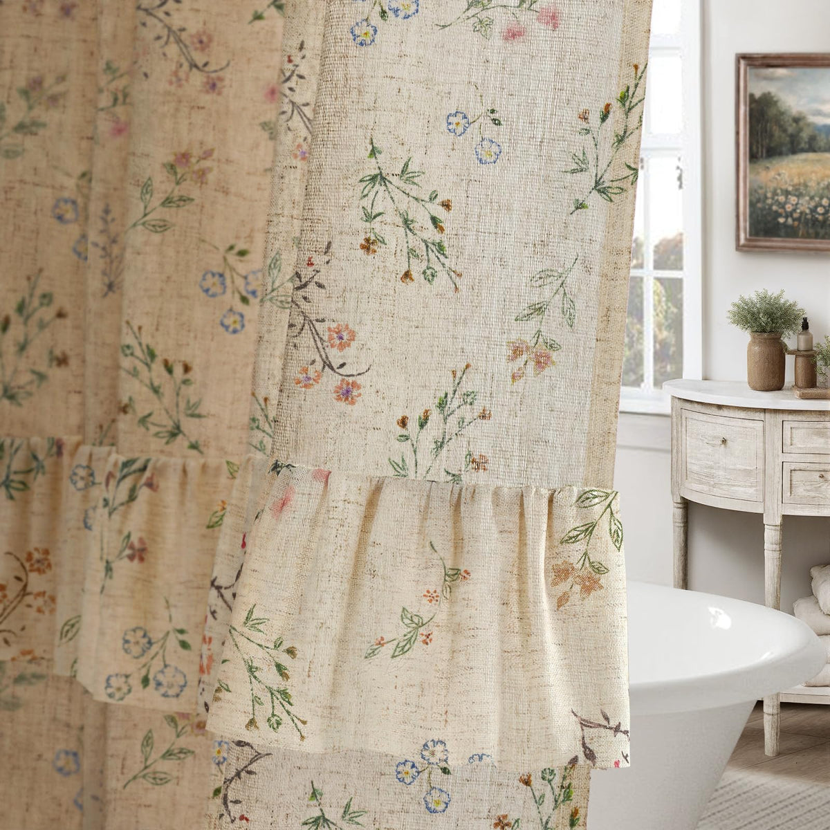 Floral Farmhouse Vintage Linen Shower Curtain French Country Decor 72Wx72H