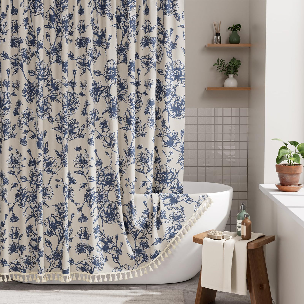 AmazerBath Boho Shower Curtain, Modern Farmhouse Shower Curtain Set with Tassels, Rustic Faux Linen Green Striped Shower Curtain with Hooks, Light Tan Toned, 72x72 Inches