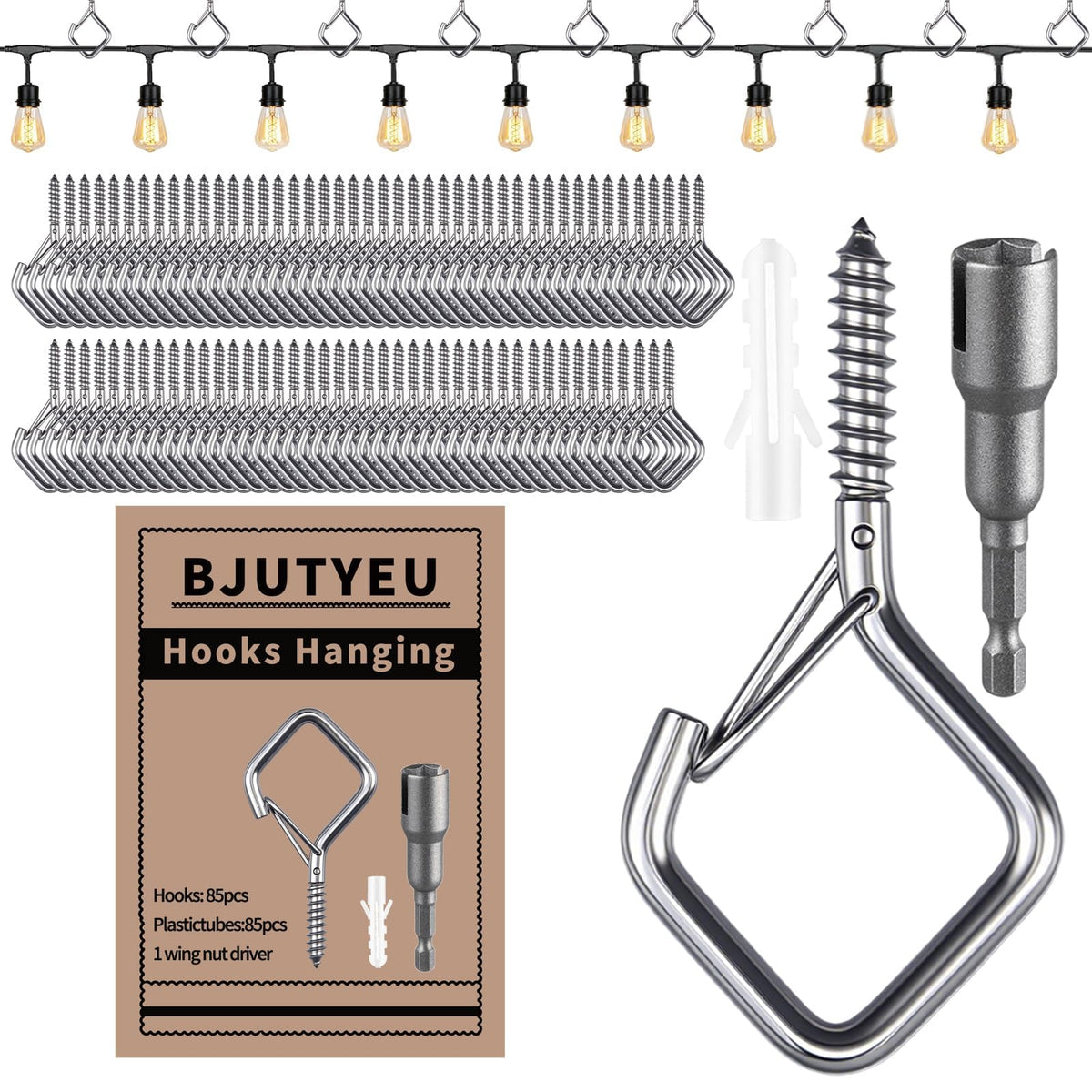 65 Pcs Stainless Steel Hooks, 2.16" Screw Hooks with Safety Buckle