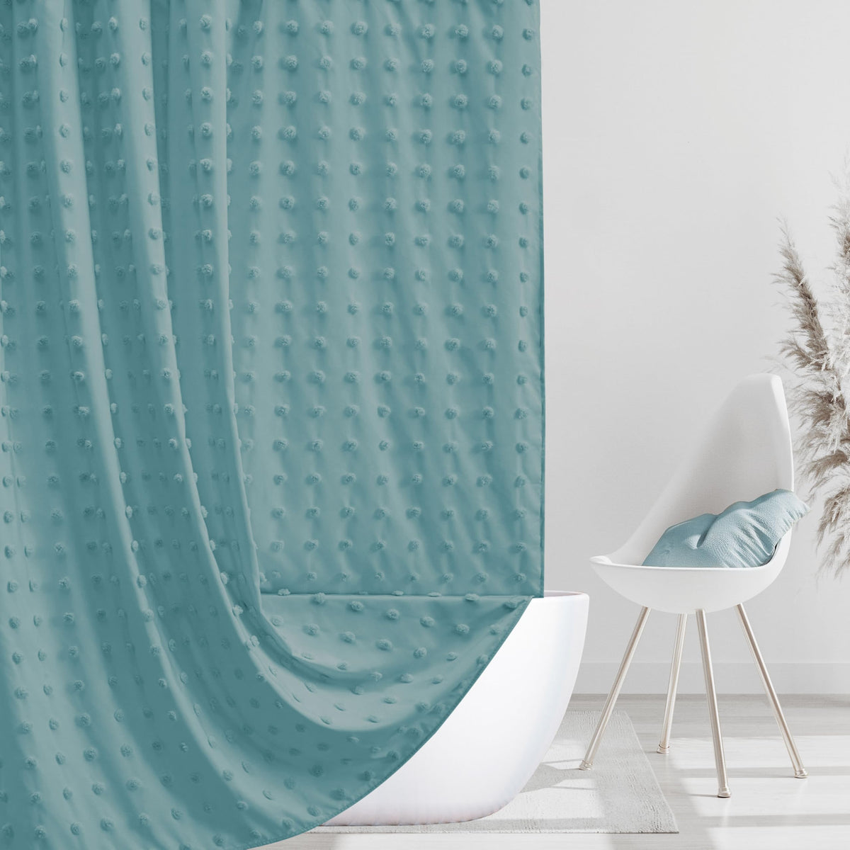 Extra Long Green Boho Shower Curtain Woven Fabric Cute 84 Inch Shower Curtain, 72 x 84 Tufted Pleat Floral Puffs Textured Modern Farmhouse Minimalist Shower Curtain Set with Hooks for Bathroom