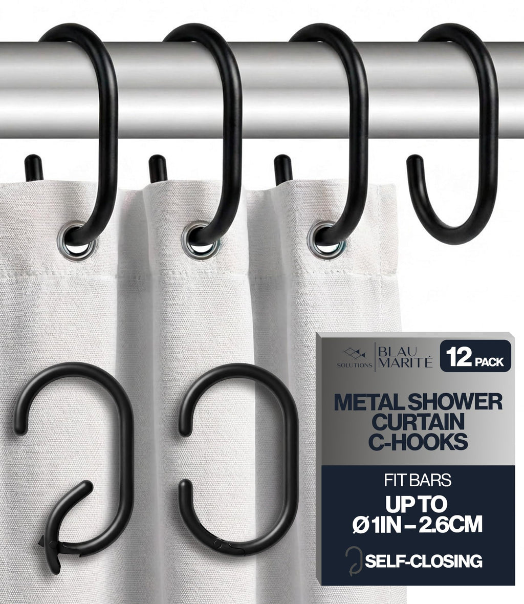 12 Metal Shower Curtain Hooks, Rust-Proof Decorative C-Shaped Curtain Hooks for Bathroom, Chrome Shower Curtain Rings, Fits Rods Up to 1 Inch (C, Silver)