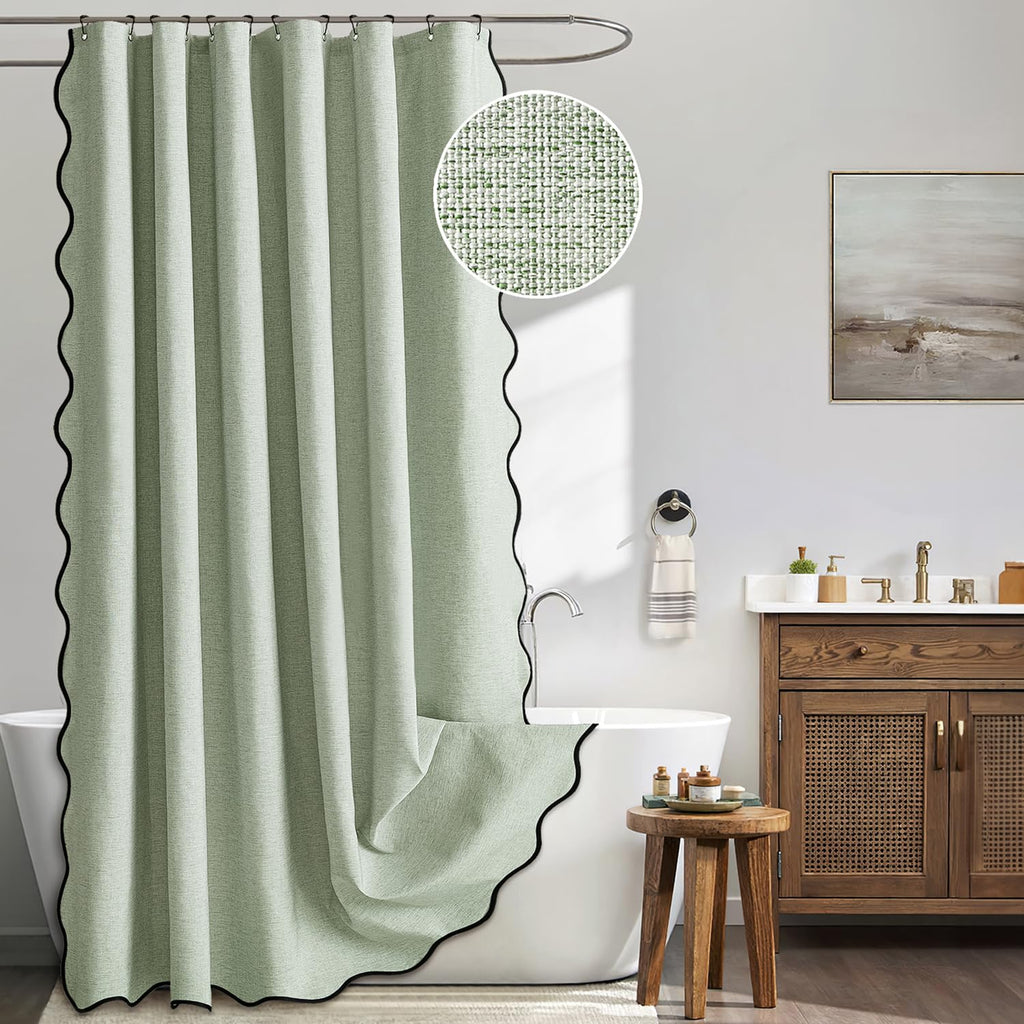 MIULEE Beige Scalloped Shower Curtain Linen Textured with 12 Metal Hooks Cute Heavy Duty Washable Waterproof Neutral Thick Cloth Shower Curtains with Black Border for Bathroom Bathtub,W72*L72 Cream