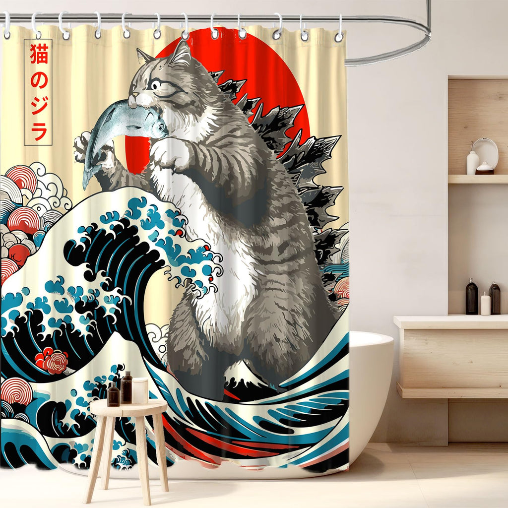 Funny Japanese Cat Funky Anime Japan Bathroom Shower Curtain, 72x72