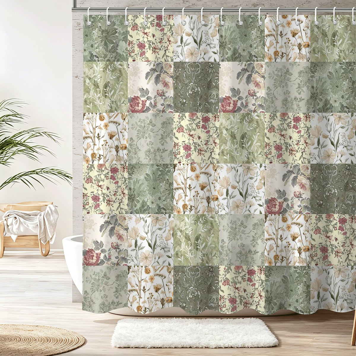 Shower Curtains for Bathroom, Boho Shower Curtain, Vintage Boho Pink Floral Bathroom Decor Bath Curtain, Mid Century Waterproof Retro Farmhouse Patchwork Floral Shower Curtain, 72 X 72 Inches