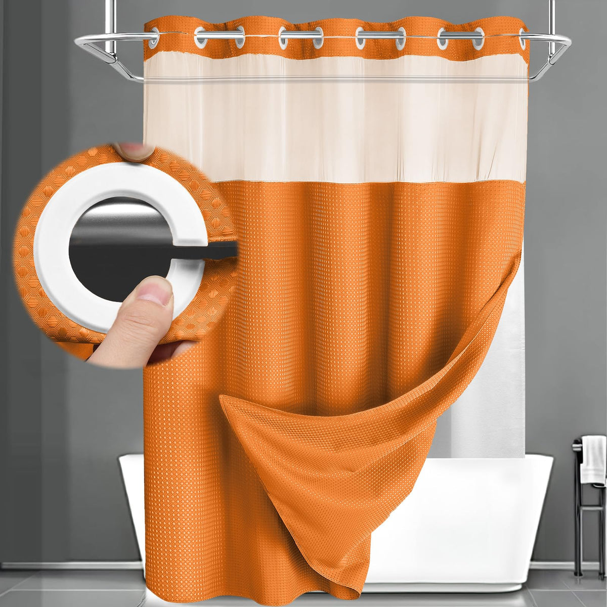 No Hook Shower Curtain with Liner Set Hotel Waffle Curtain White 72W X 75L