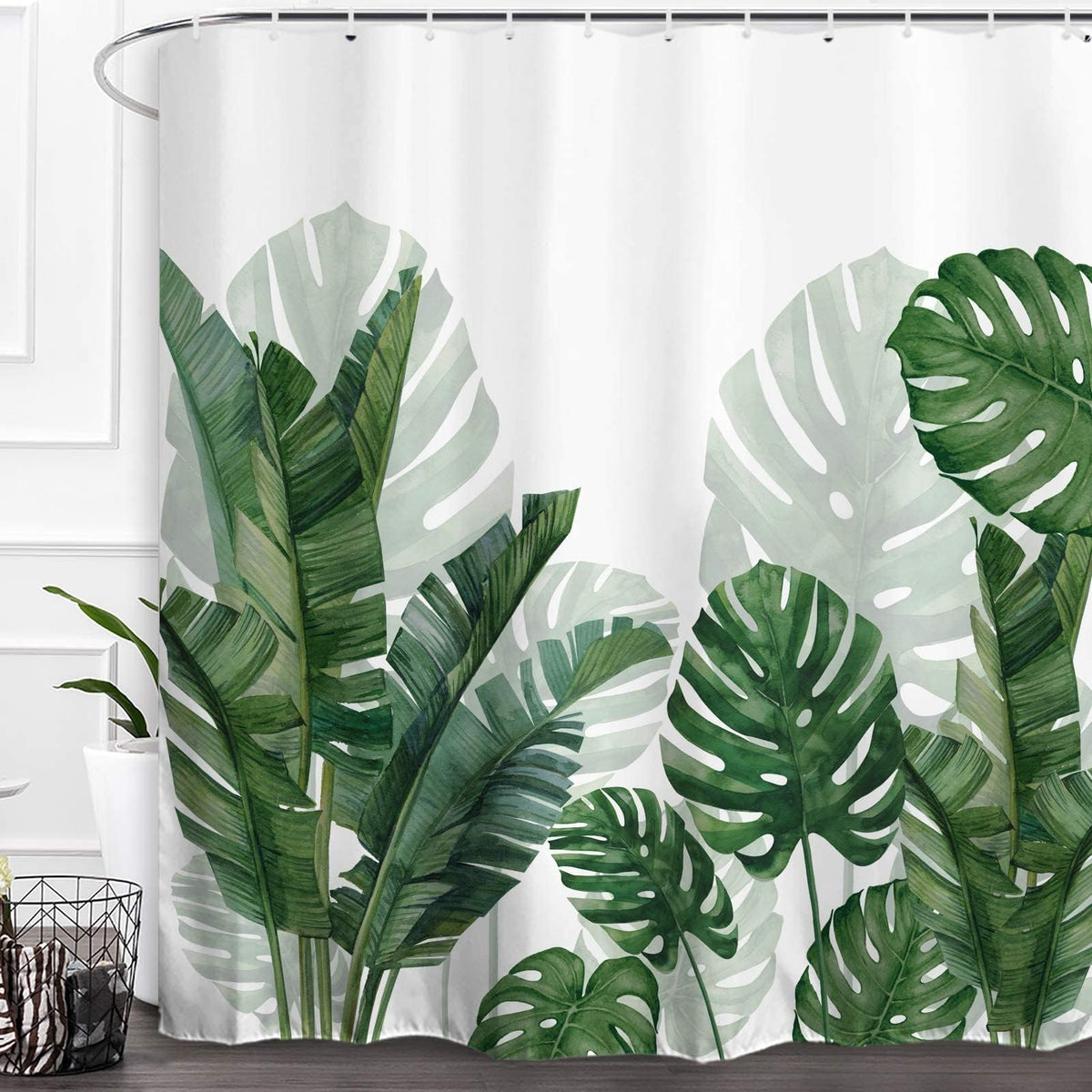 Baccessor Linen Shower Curtain Tropical Green Leaf Shower Curtains Botanical Banana Monstera Leaf Palm Tree Water Repellent Heavy Duty Fabric Cloth Shower Curtain for Bathtubs Hotel 72 W X 72 L Inch