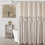 Farmhouse Shower Curtain Linen Beige Button Brown Stripe 72"W x 72"L