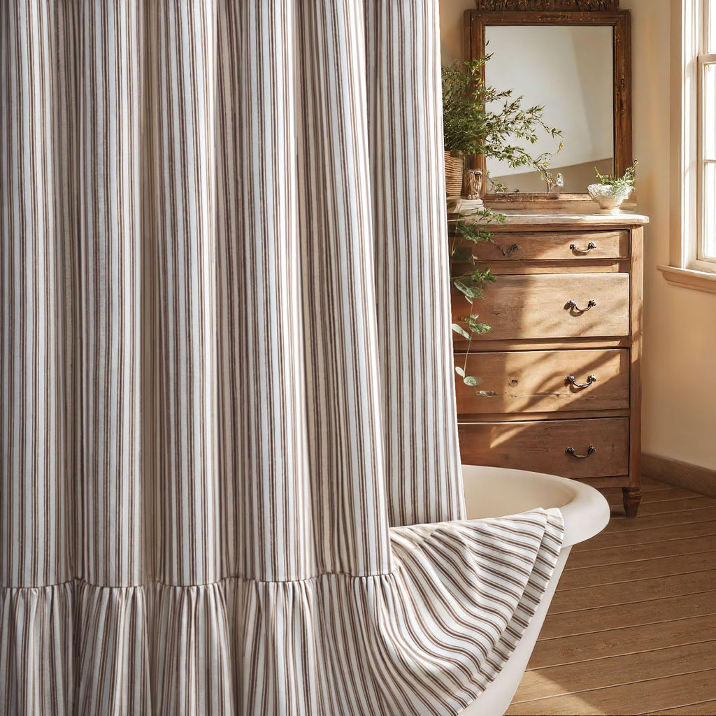 Farmhouse Shower Curtain Ruffle Linen Cream-Brown Stripe 72"W x 84"L